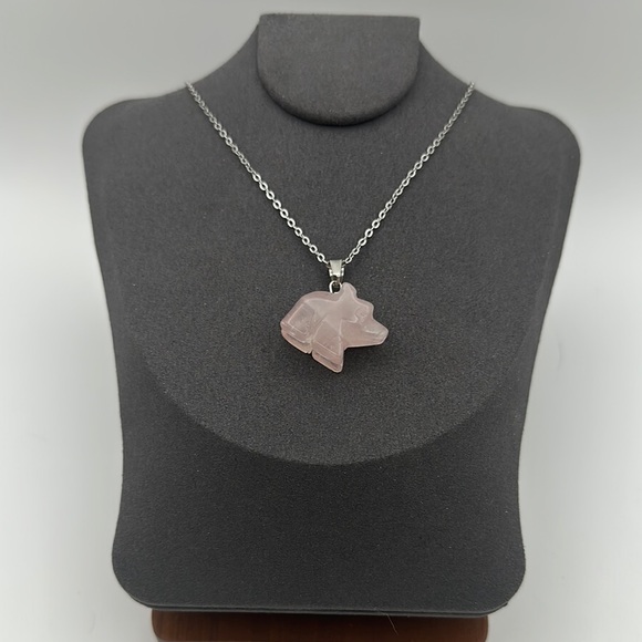 Rose Quartz Bear Pendant Necklace on Silver Copper Chain - Picture 2 of 14
